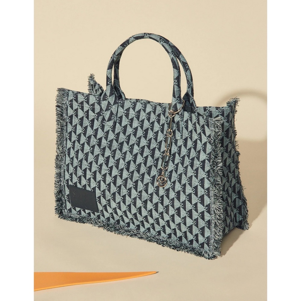Sandro Kasbah Jacquard Monogram Patch Logo Accent Fringe Tote Bag Blue Large